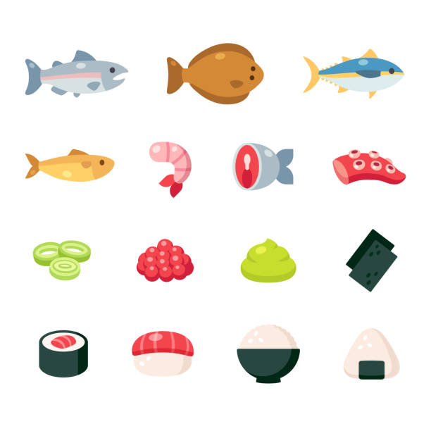 Japanese food ingredients Japanese food ingredients cartoon icon set. Fish and seafood, sushi and rice dishes, cute simple vector illustrations. scallion stock illustrations