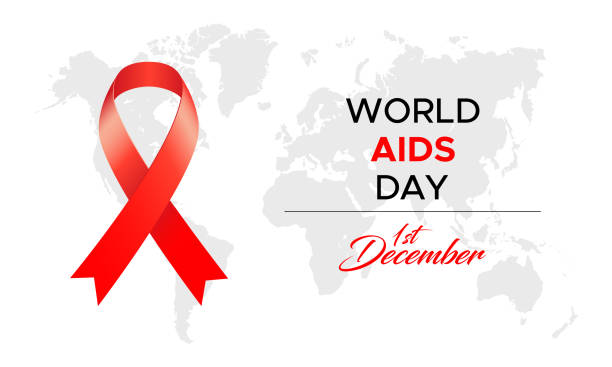 ilustracja do światowego dnia aids z czerwoną wstążką, tekstem pisma ręcznego i mapą - world aids day stock illustrations