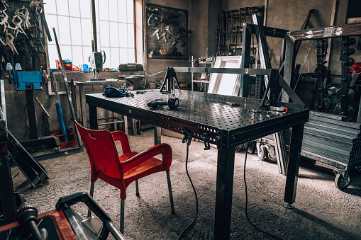 Workshop without people but with all welding equipment.