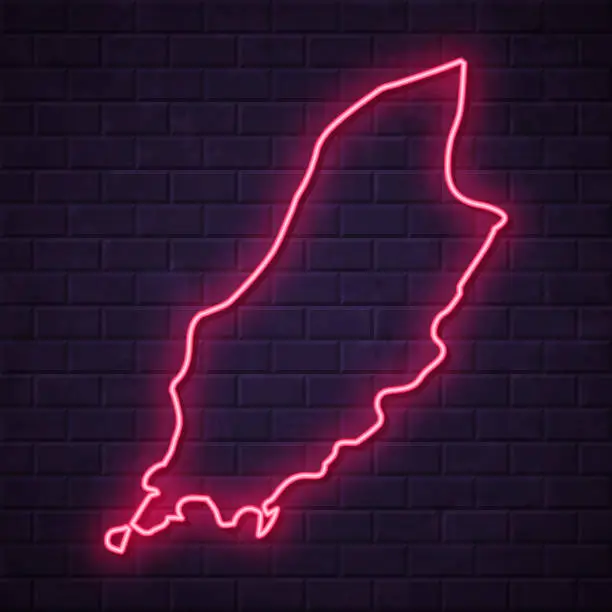 Vector illustration of Isle of Man map - Glowing neon sign on brick wall background