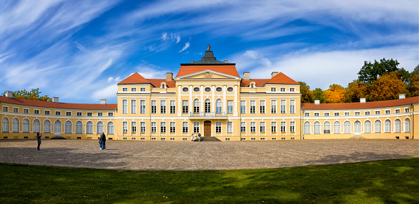 Rogalin, Poland - September 20,2020: Panoramic view of late baroque palace in Rogalin, built in 1770-1776, Wielkopolska, Poland