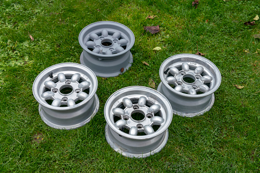 These are the wheel. The one at the rear has been wire brushed, sanded  and painted with grey primer. The others are cleaned and sanded but not yet primed.