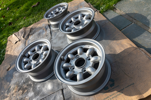 These are the wheel.  This is a close-up of the rims after preparation and with the silver alloy paint top coat applied.