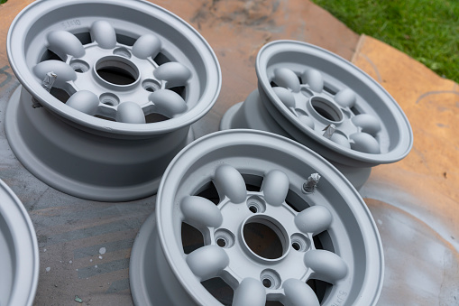 These are the wheel.  This is a close-up of the rims after an initial clean and sand and with the first coat of primer applied.