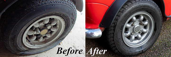 These are the Alloy wheel rims of a 1974 vintage car undergoing refurbishment.  This is a close-up of the rim before and after refurbishment with tyres refitted and back on the car and newly washed.