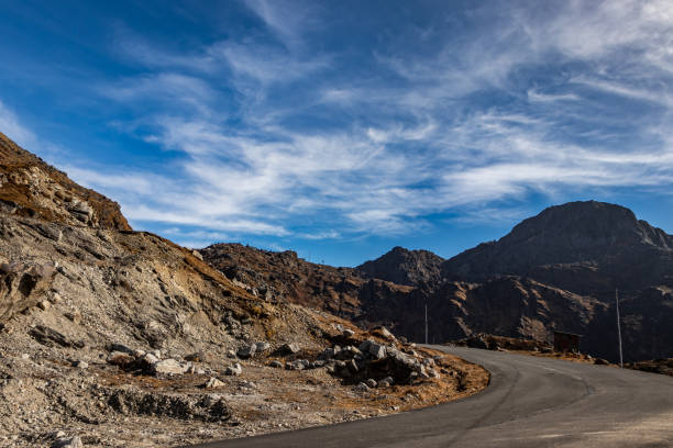 Himalayan mountain picturesque landscape image is taken at sikkim india. it is showing the amazing beauty of himalayan breathtaking landscape and twisty adventurous valley road.