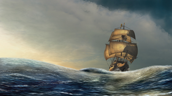 Sailboat on the dramatic open sea under the golden sunshine. 3D render illustration with digital painting postprocess.
