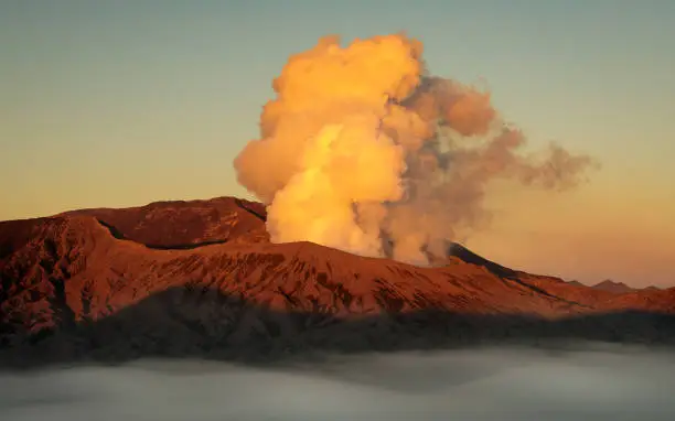 Starting of the eruption of mount Bromo, taken when sunset