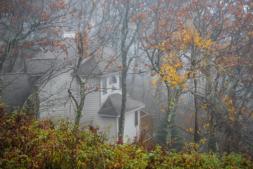 Wintergreen, Virginia autumn fall foliage trees by house home building at ski resort town village with fog mist in Blue Ridge mountains