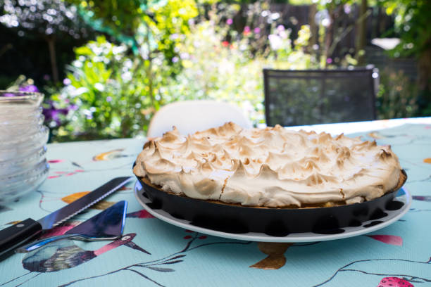 istock A cake with meringue frosting on a plate on a decorative set table outdoors side view 1283357719