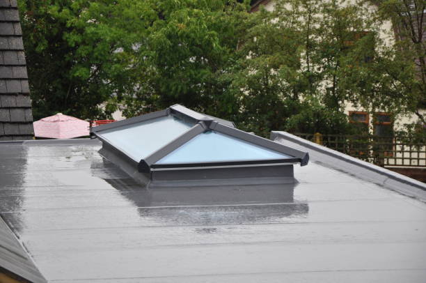 lanterne moderne de toit en verre ou lumière sur le toit plat gris contemporain sous la pluie - plate photos et images de collection