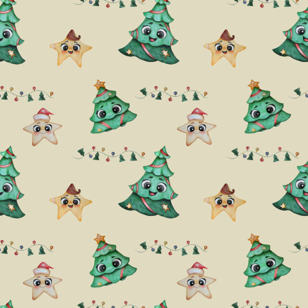 크리스마스 패턴. 눈을 가진 귀여운 크리스마스 트리, 장식과 화환이있는 베이지 색 배경에 산타 모자에 얼굴을 가진 장난 스러운 별. 수채화. 매끄러운 패턴. 손 그리기 - moravian star christmas textile textured stock illustrations