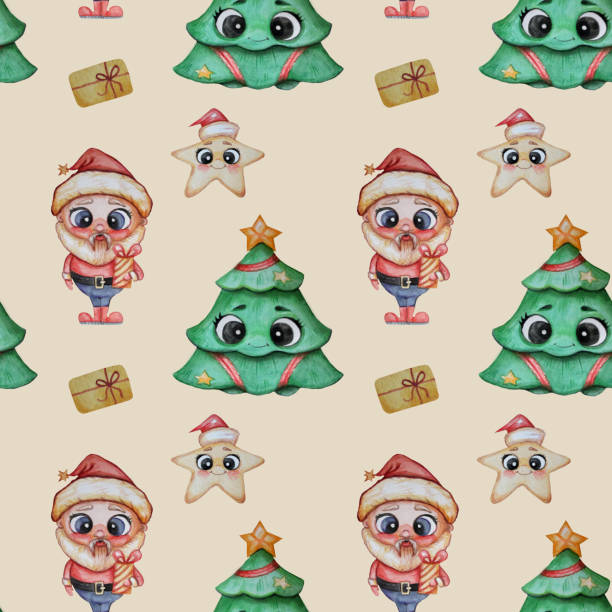 크리스마스 패턴. 얼굴과 눈, 산타 클로스가 있는 크리스마스 트리와 장식과 귀여운 크리스마스 스타가 모자를 쓰고 밝은 배경을 손에 들고 있습니다. 수채화. 매끄러운 패턴 - moravian star christmas textile textured stock illustrations