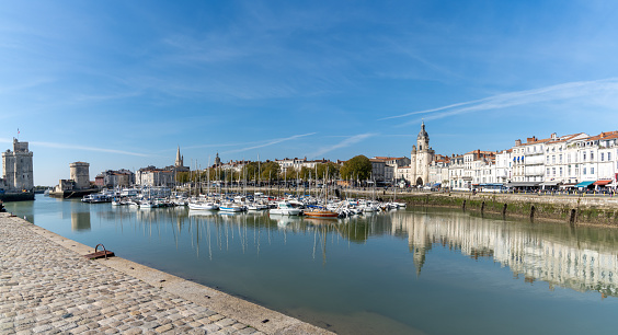 La Rochelle, C-M / France - 16 October 2020: panorama view of the harbor and city center of La Rochelle