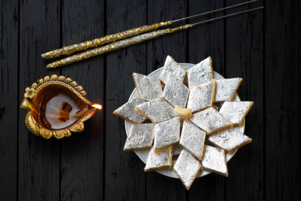 Cashew Katli Kaju Katli, a popular indian sweet burfi made using milk, khoya, cachew and Sugar india sweets stock pictures, royalty-free photos & images