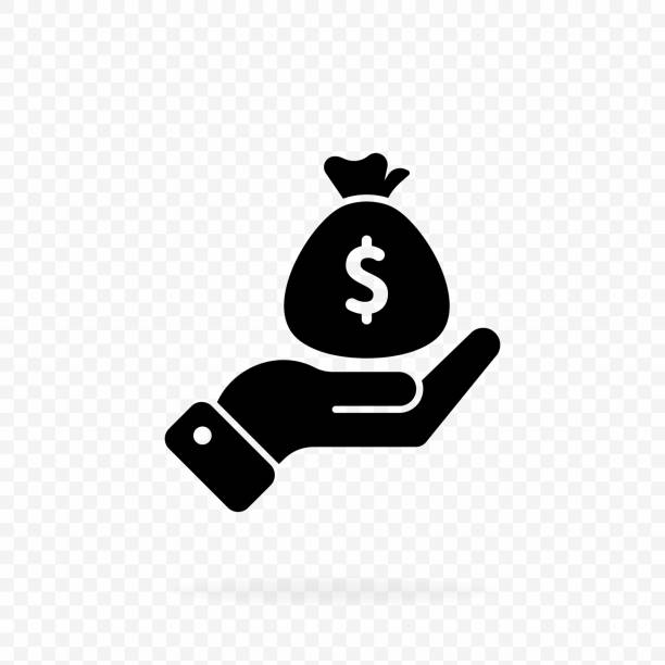 Money bag. Icon hand holding a money sack. Finance icon in black. Business icon. Money sign. Invest finance, hand holding dollar. Vector EPS 10 Money bag. Icon hand holding a money sack. Finance icon in black. Business icon. Money sign. Invest finance, hand holding dollar. Vector EPS 10. money stock illustrations