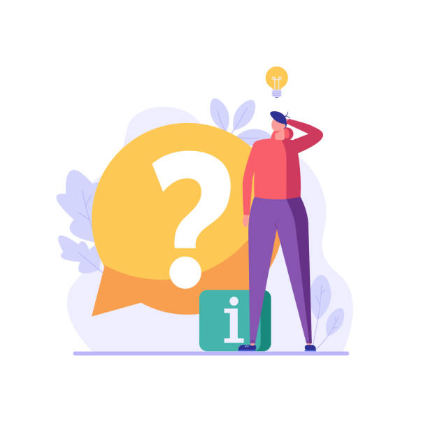 ilustrações de stock, clip art, desenhos animados e ícones de man with big question mark. user asking frequently asked questions. concept of customer guide, useful information, faq. vector illustration in flat design for ui, web banner - dependency assistance help advice