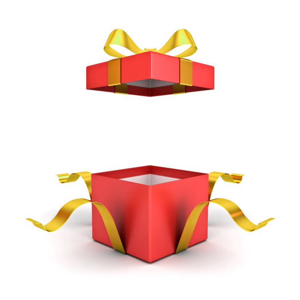 istock Open red gift box or present box with golden ribbon bow isolated on white background with shadow 1283363387