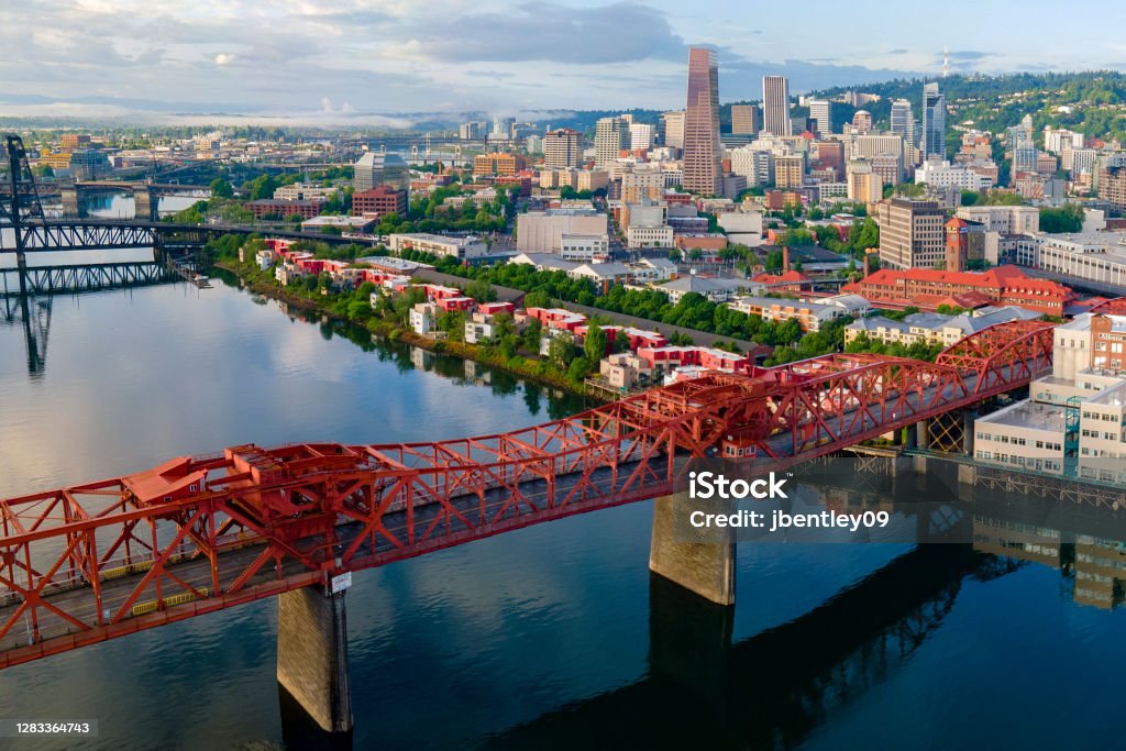 Downtown Portland and the Broadway Bridge an aerial photography of downtown portland as seen from above the broadway bridge Portland - Oregon Stock Photo