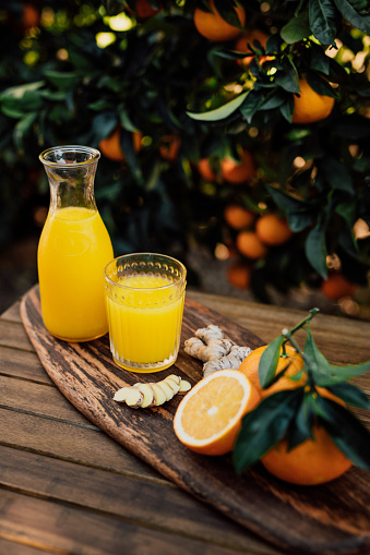 Orange juice in a glass in nature.