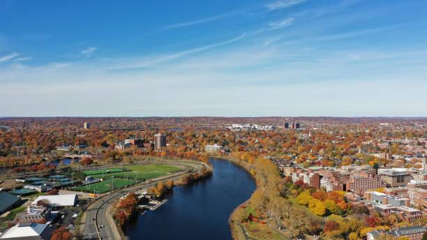 Aerial View of Harvard University Campus in Fall Foliage