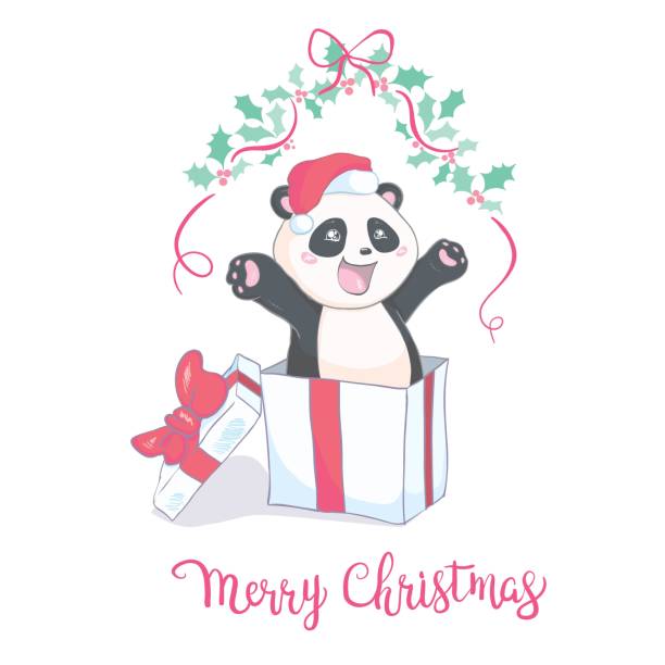 istock Cute Christmas cartoon panda bear character in Santa's hat with pompon vector image isolated on white. Funny bearcat Children's Xmas design. Merry Christmas and Happy New Year Greeting card image. 1283365435