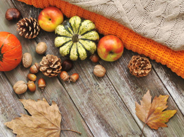 istock Pumpkins, apples, nuts, leaves and sweater on wooden background. 1283371191