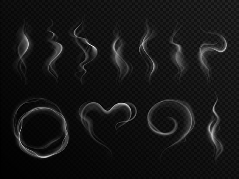 Realistic steam effect. Heart shaped smoke. Air wind fog, hot swirl of cigarette smoking. Isolated transparent vapor vector illustration. Transparent smooth coffee flow, delicate air hookah