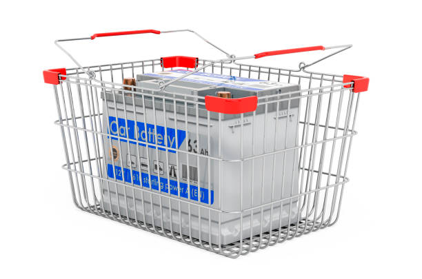 Car battery inside shopping basket, 3D rendering isolated on white background