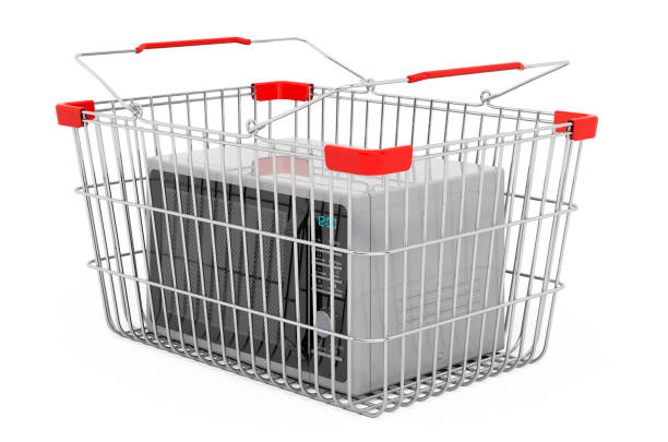 istock Microwave oven inside shopping basket, 3D rendering isolated on white background 1283374245