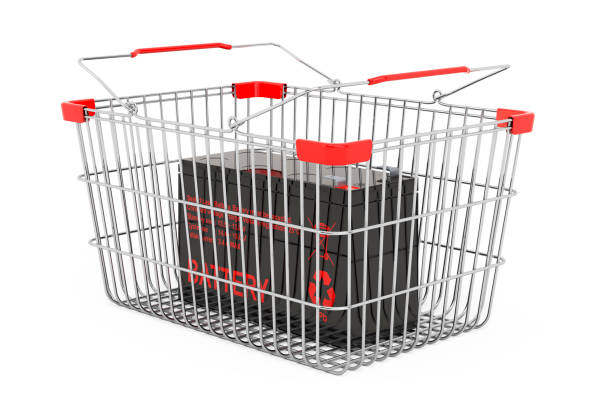 istock Sealed UPS battery inside shopping basket, 3D rendering isolated on white background 1283374270
