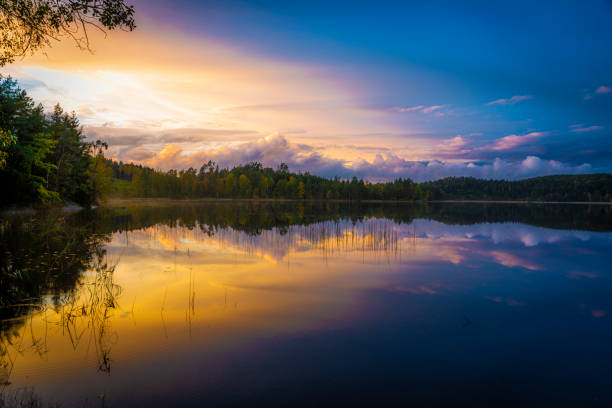 Autumn lake panorama Autumn lake from a viewpoint at blue hour meeting sunset light lakeshore photos stock pictures, royalty-free photos & images