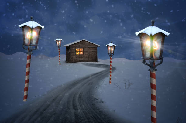many lanterns on a snow road to north pole hut