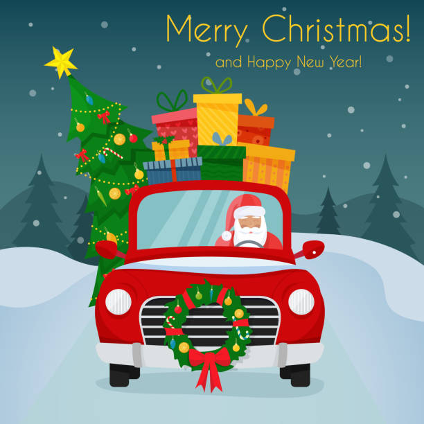 istock Chrismas car with Santa Claus as the driver with gifts, tree and decorations. Flat cartoon style vector illustration. 1283378776