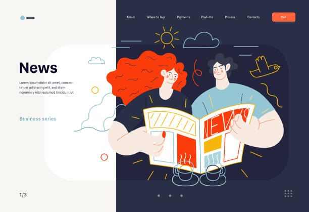 Business topics - news, web template Business topics - news, web template, header. Flat style modern outlined vector concept illustration. A couple, man and woman reading a newspaper together. Business metaphor. journalism illustrations stock illustrations