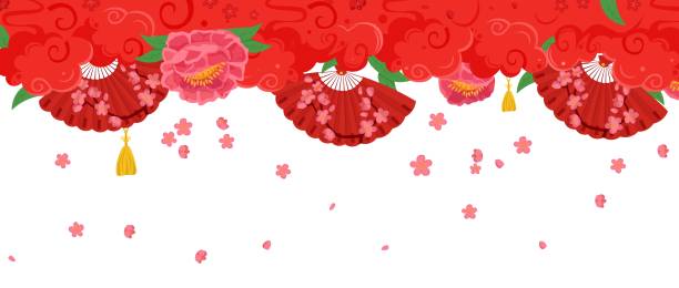 Chinese new year background Chinese new year collection. Greeting card, poster elements. Traditional fans, clouds and blossoms in a flat cartoon style. Editable vector horizontal illustration isolated on a white background. mandarin chinese new year stock illustrations