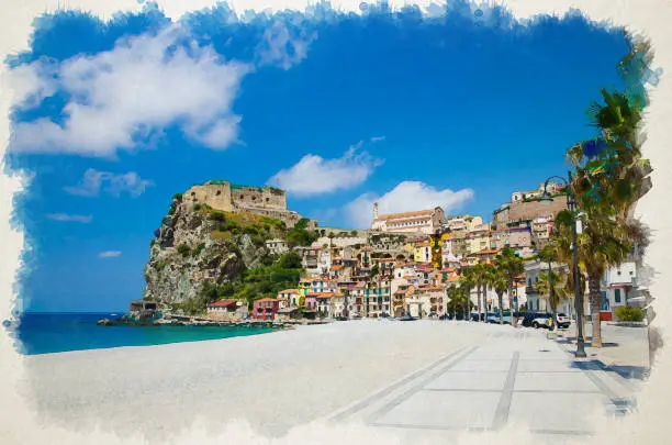Photo of Watercolor drawing of Beautiful seaside town village Scilla with old medieval castle on rock Castello Ruffo, colorful traditional houses, Mediterranean Tyrrhenian sea coast shore, Calabria, Italy