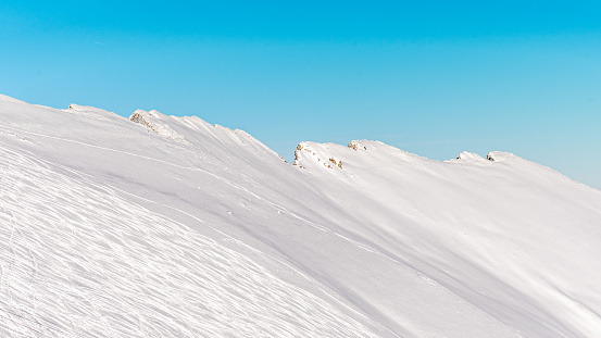 Ski resort in the mountains in winter. Rochers De Naye in Switzerland.