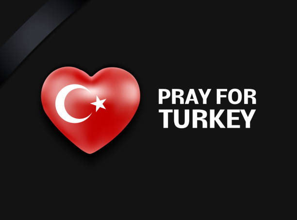 earthquake in turkey Turkey flag in the shape of a heart with a mourning ribbon - banner. Pray for Turkey. National mourning. Earthquake. On a black background. Vector illustration. turkey earthquake stock illustrations