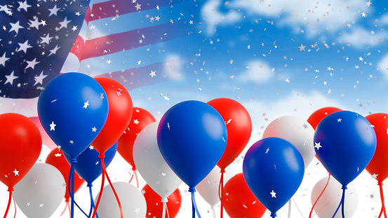 Balloons with usa flag on sky background 3d render