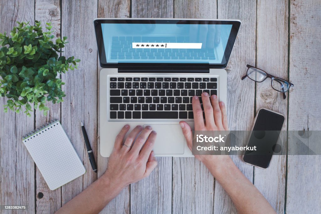 user typing password on computer, security code user typing password on computer, security code to access, secured login to bank online Password Stock Photo