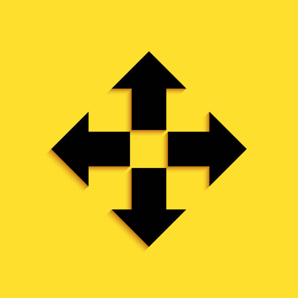istock Black Arrows in four directions icon isolated on yellow background. Long shadow style. Vector 1283382496