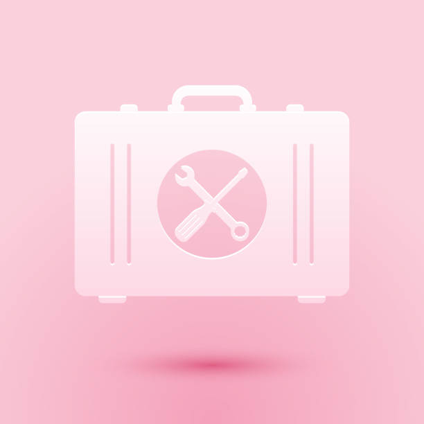 ilustrações de stock, clip art, desenhos animados e ícones de paper cut toolbox icon isolated on pink background. tool box sign. paper art style. vector - carpentry toolbox craft product work tool