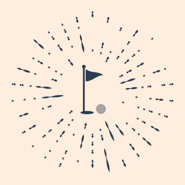 illustrations, cliparts, dessins animés et icônes de boule et trou noirs de golf avec l’icône de drapeau isolé sur le fond beige. golf. boule et drapeau dans le trou. concept sportif. cercle abstrait points aléatoires. illustration vectorielle - golf golf course swinging isolated