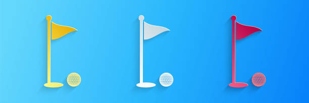 illustrations, cliparts, dessins animés et icônes de coupe de papier balle de golf et trou avec l’icône de drapeau isolé sur le fond bleu. golf. boule et drapeau dans le trou. concept sportif. style d’art en papier. vecteur - golf golf course swinging isolated