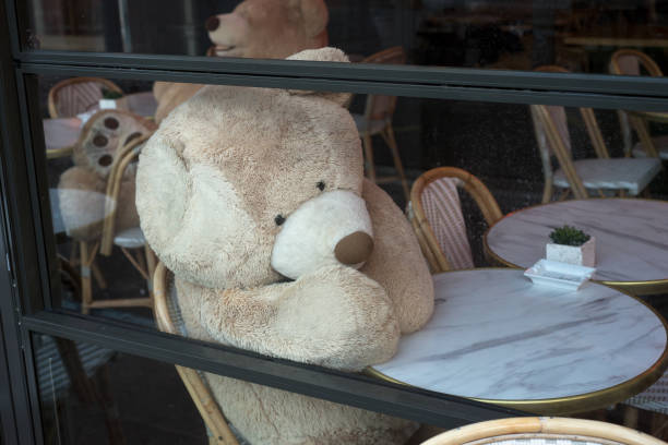 istock teddy bear sitting at the restaurant terrace behind the window 1283385119
