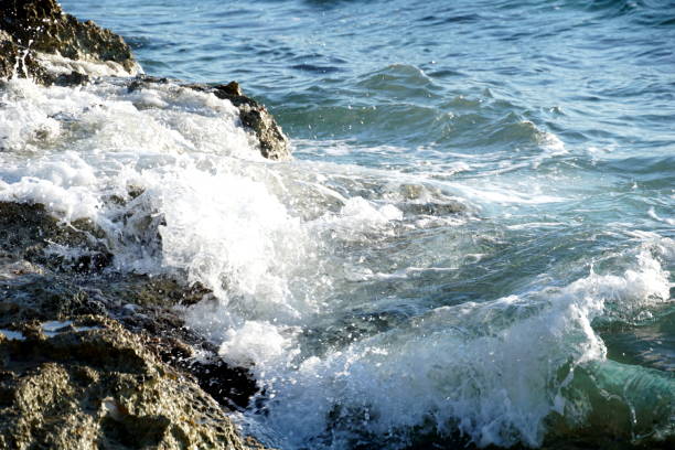 Beautiful seacoast with white sea foam and wavy sea surface