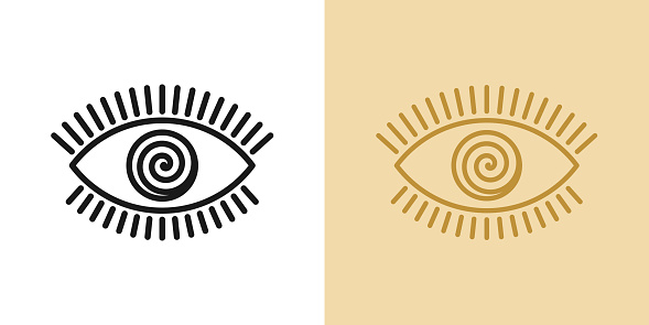 Outline hypnotic eye icon with editable stroke. Linear eye sign with spiral iris, mesmeric vision. Mystic sight and suggestion, hypnosis, witchcraft. Vector icon, sign, symbol for UI and Animation