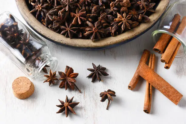 Star Anise and Cinnamon spices on a rustic wood table.