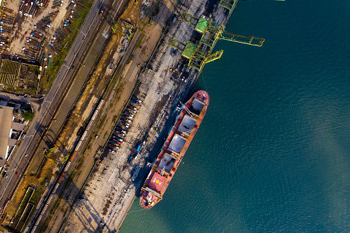 grain loading on the Santos port ship, São Paulo, Brazil, seen from above